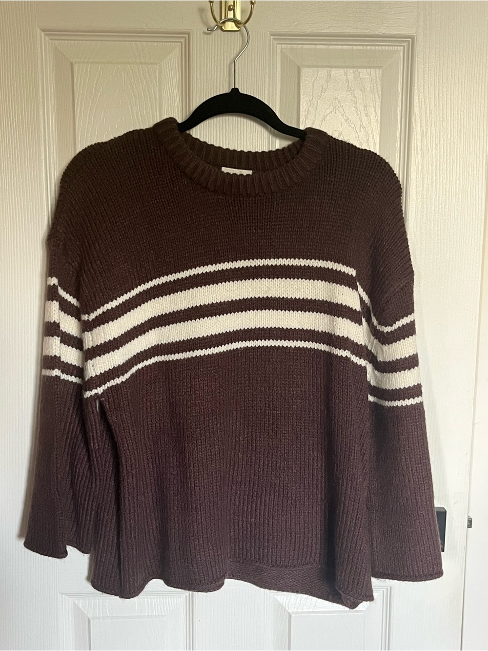 Vila Chocolate Brown Striped Crewneck Knit Sweater - Small